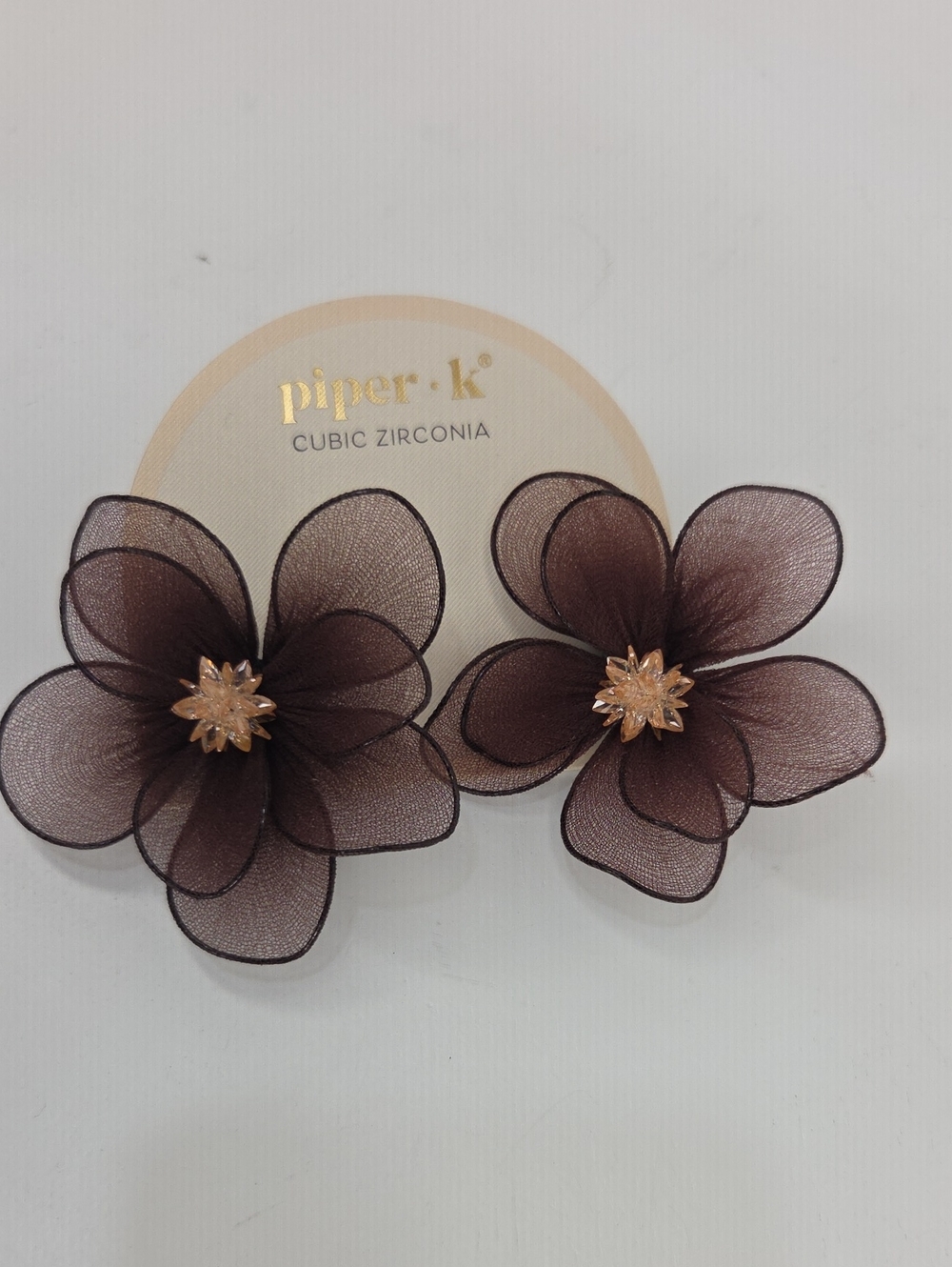 Piper-K Brown Floral Mesh Clip Hair Flowers with Gold Centers